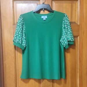 CeCe Green/White Blouse/Top, Floral, Women's Size Medium, EUC
